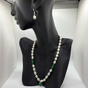 Elegant Pearl and Green Bead Necklace and Earring Set